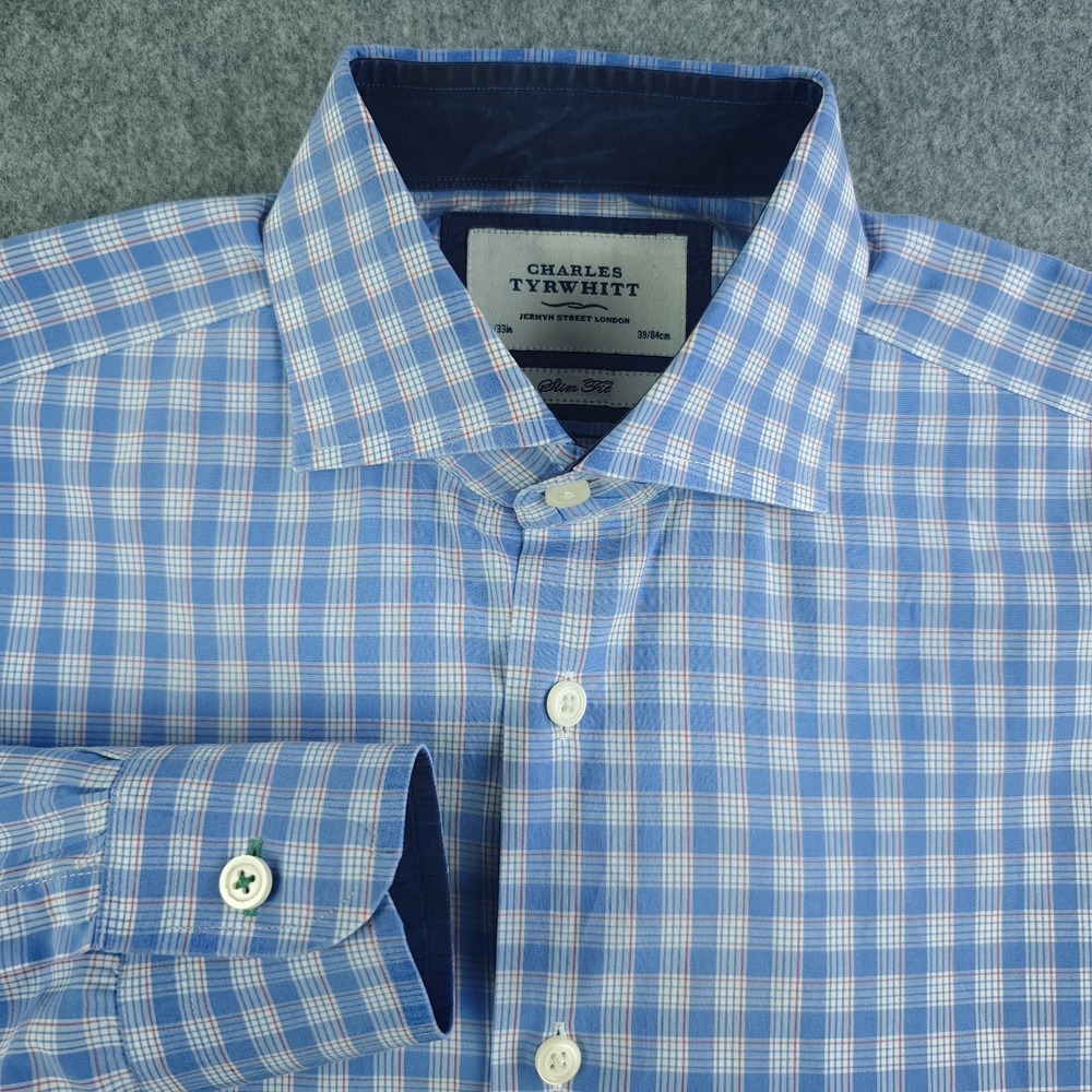 Charles Tyrwhitt Dress Shirt Men's 15.5 33 Slim Fit Blue Check Spread Collar - Picture 1 of 10
